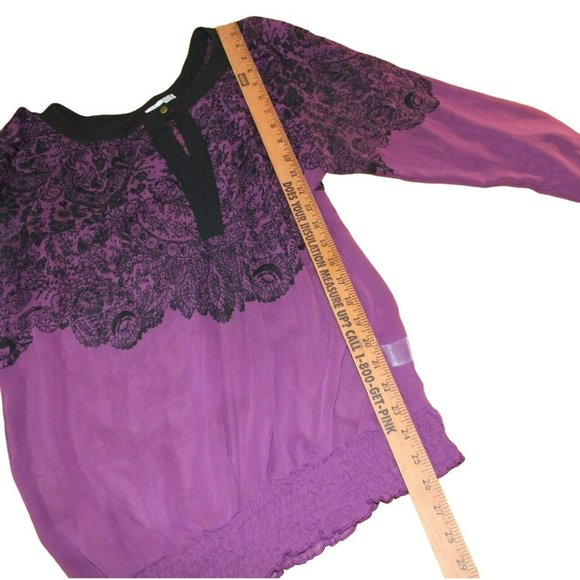Purple Black Semi Sheer Shirt Women's Medium Blouse Blouson Career - Picture 7 of 8